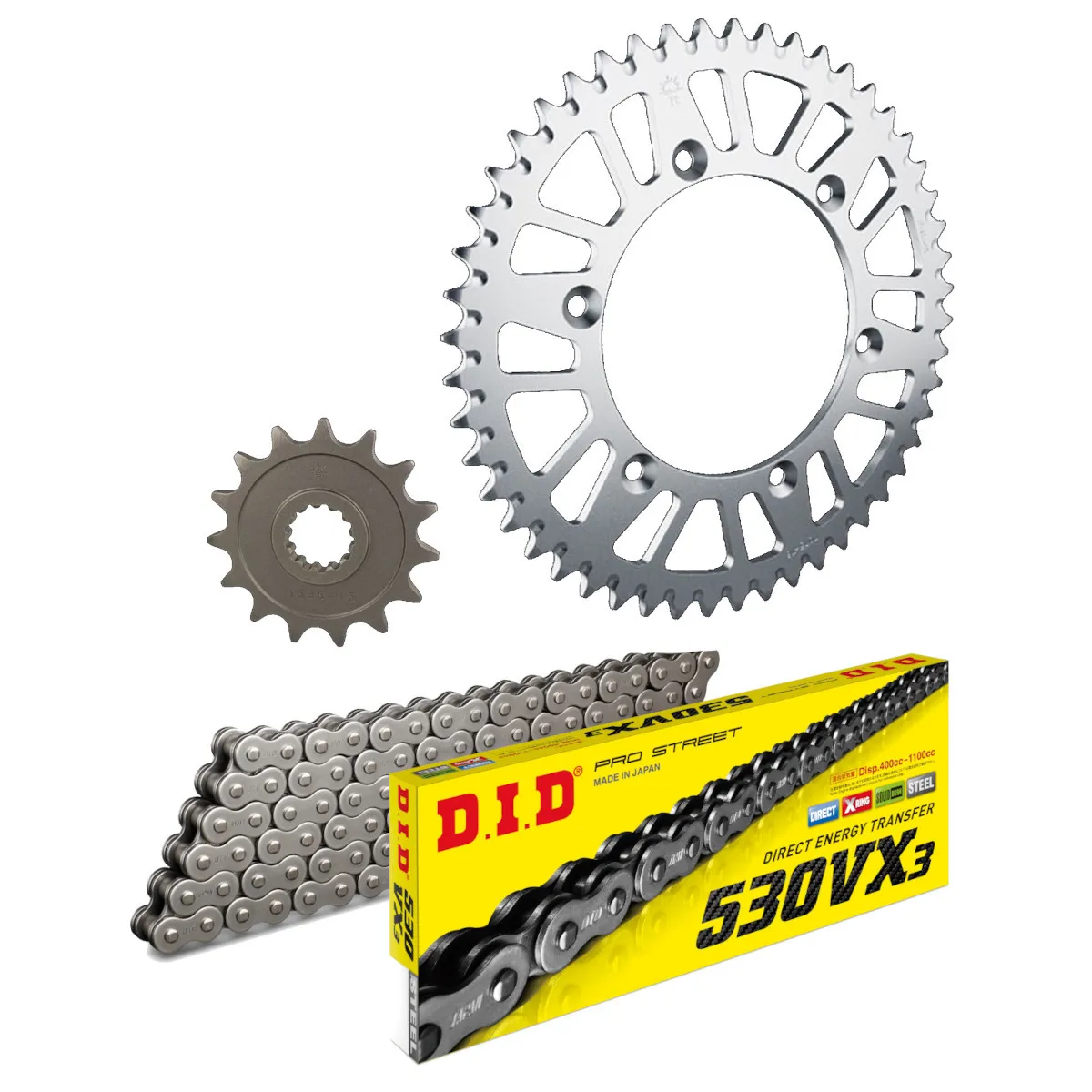 Kit chaine 530 acier DID standard - HONDA 350-360 CB F 1973-76 et 400 CB F1-2 1975-79